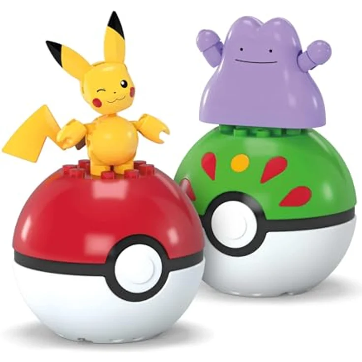MEGA Pokémon 2er Pokéball Set - Pikachu und Ditto, Bauspielzeug ab 7 Jahren, offizielles Lizenzprodukt, kompatibel mit allen Pokémon-Bausets, gelb und rosa – Bild 2