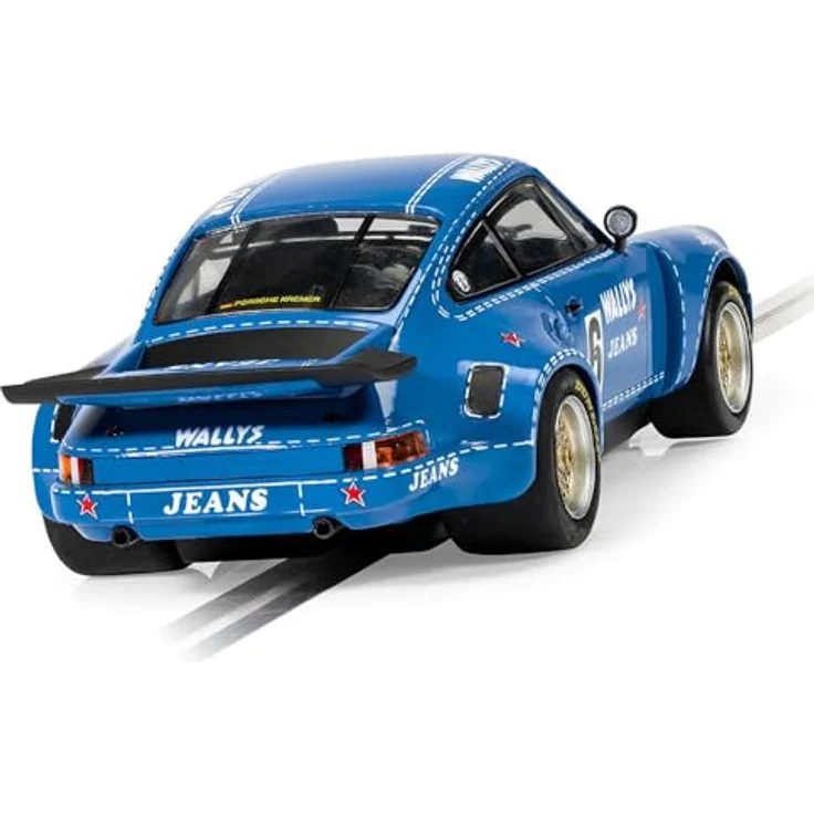 Scalextric Porsche 911 Carrera RSR 3.0 Wallys Jeans, Rennbahn Zubehör mit leuchtend blauer Lackierung und breiten Reifen – Bild 3