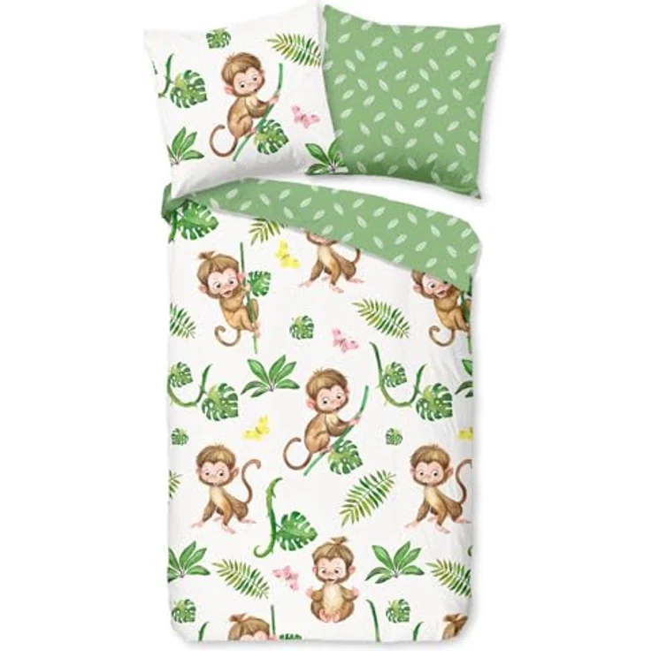 ESPiCO Bettwäsche Trendy Bedding Kletteraffe Grün Äffchen Schmetterlinge Farne Blätter Palmen Wendeoptik Renforcé, 135 cm x 200 cm – Bild 1