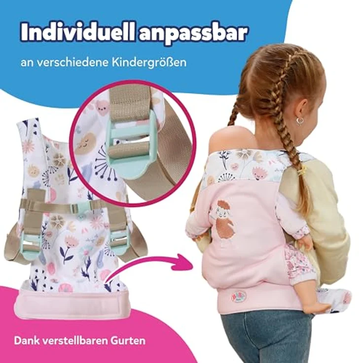 BABY Born Babytrage, Puppentrage mit 2 Blickrichtungen & verstellbarem Gurt, Rosa mit Blumendetails für 36 cm & 43 cm Puppen – Bild 4