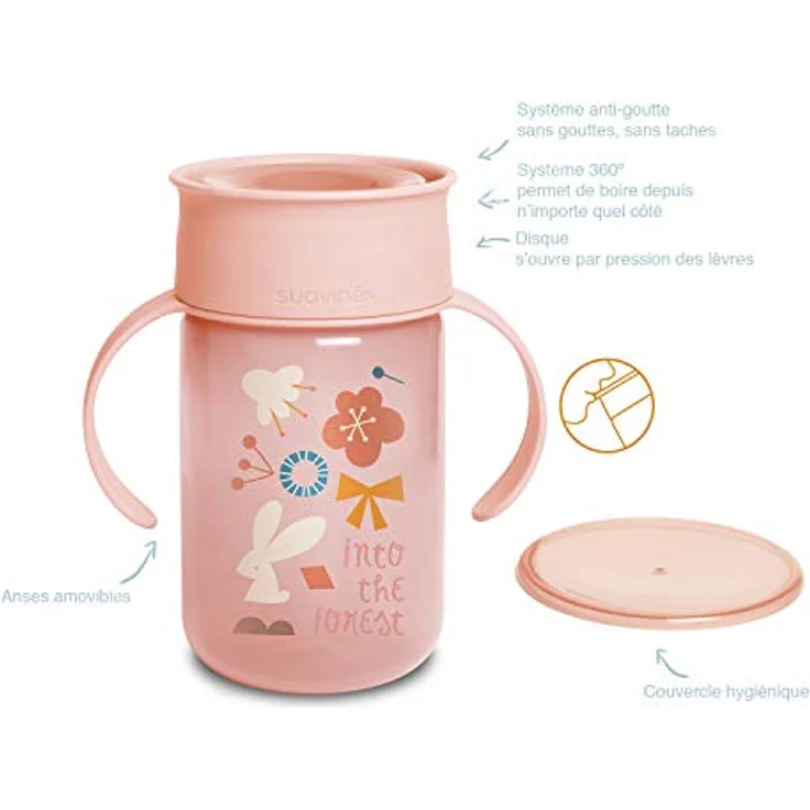Suavinex 401196 Baby Training Cup mit Griffen und Anti-Tropf-System, 12 Monate, Forest Farbe Rosa - 340 ml - 121 g, Kindertrinkbecher - Lernbecher für die ersten Versuche beim Trinken - Spülmaschinengeeignet – Bild 3