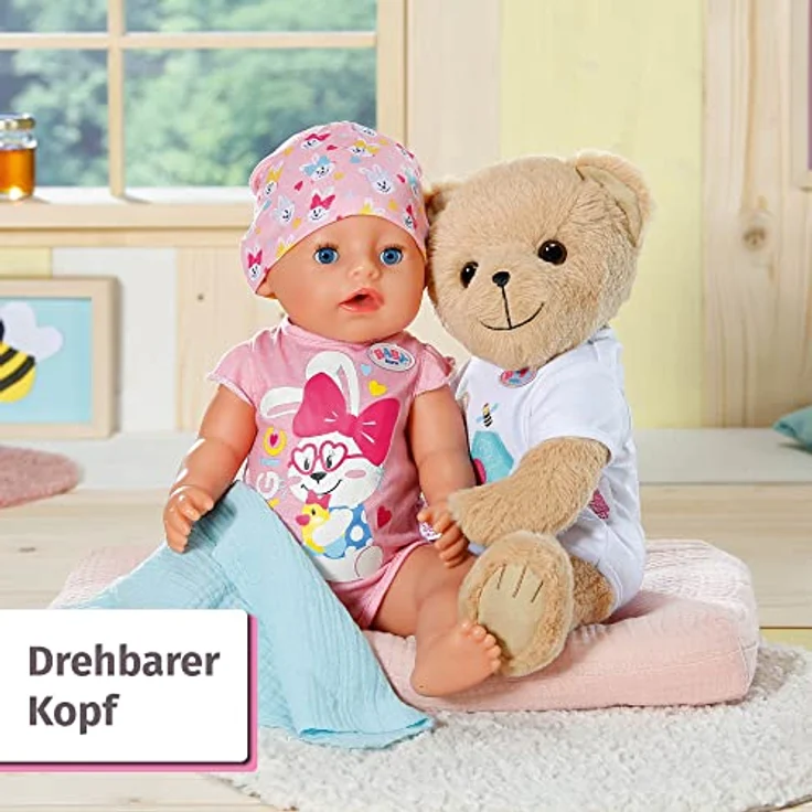 Zapf Creation 835388 BABY born Bär mit weißem Strampler- Teddybär Kuscheltier, bewegliche Arme und Beine, drehbarer Kopf, waschbar per Handwäsche, mit Freundschaftsbuch und Stickerbogen. – Bild 6