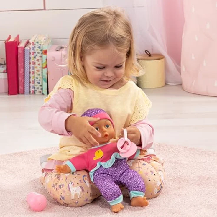 Bayer Babypuppe, 30 cm pink/lila, mit Weichkörper, Schnuller und Flasche (3-tlg) – Bild 4
