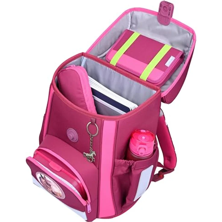 McNeill Schulranzen-Set BRAVO 9tlg. mit ergonomischem ClickFlex-Rückensystem, 21L Volumen, lila Pferde-Design, inkl. gefülltem Etui, Sportbeutel und Trinkflasche – Bild 4