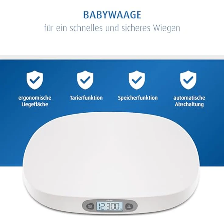 reer BabyCare Babywaage, Ergonomische Wiegeschale für Neugeborene/Babys, 25kg Maximalgewicht, Integriertes Maßband, HOLD- und Tarierfunktion, Beleuchtetes LCD-Display, Präzision von 5g – Bild 3
