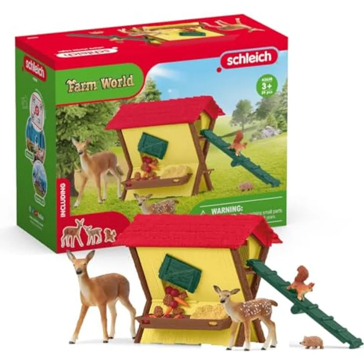 Schleich Fütterung der Waldtiere, Spielset mit Rotwild Kuh, Kalb und Futterkrippe, ca. 12 x 12,5 x 10 cm