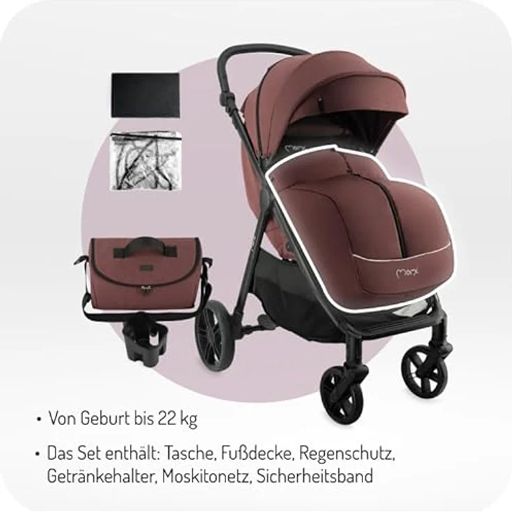 MoMi CLARA Kinder-Buggy in Burgund, verstellbar für Kinder bis 22 kg, mit umfangreichem Zubehörset – Bild 2