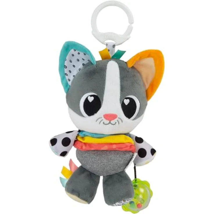Lamaze Millie die Katze, Kinderwagen-Spielzeug zum Anklipsen mit verschiedenen Texturen, Rassel, Knisterohren und Satinbändern – Sensorik-Spielzeug für Babys ab 0 Monaten in Grau – Bild 1