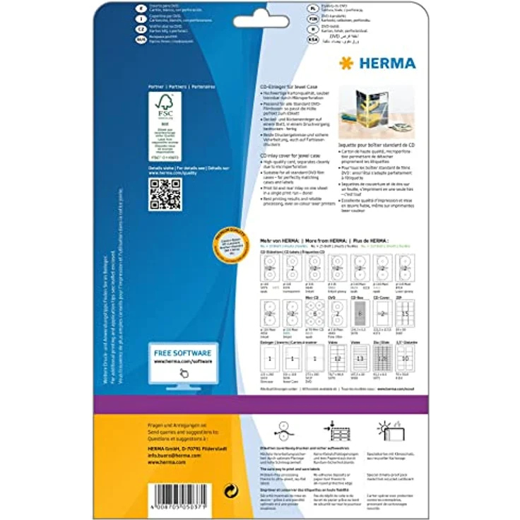 HERMA 5037 CD DVD Einleger für Jewel Case Hüllen perforiert, 25 Blatt, 273 x 183 mm, 1 Stück pro A4 Bogen, 25 Papier-Cover, bedruckbar, matt, blanko Inlays aus Karton, weiß – Bild 2