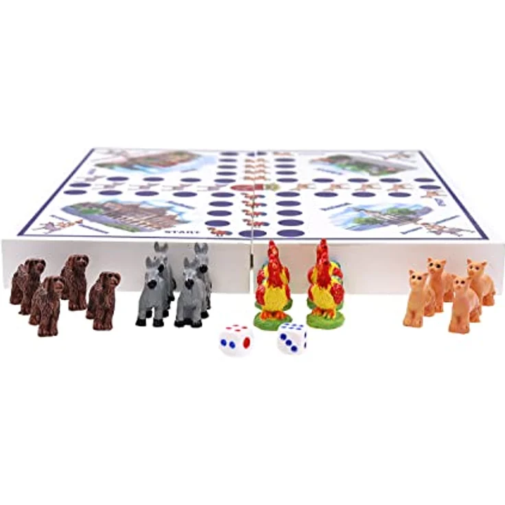 ELLUG Würfelspiel Bremen Stadtmusikanten, Brettspiel für 2-4 Personen, klappbares Holzbrett, 25x25cm, mit 16 Spielfiguren und 2 Würfeln – Bild 2