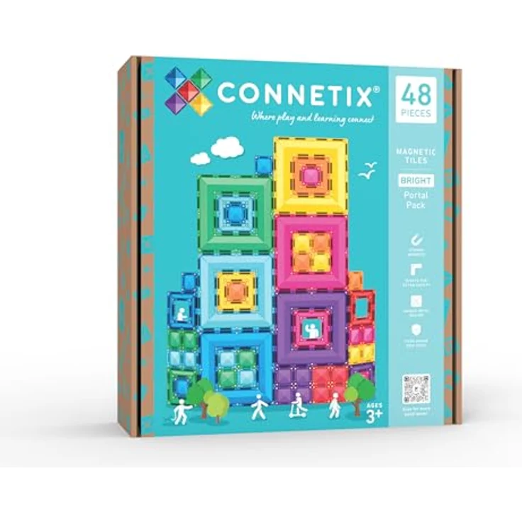 Connetix Magnetische Fliesen Bright Portal Paket, 48 Stück mit 8 leuchtend hellen Farben und verschiedenen Fliesengrößen für kreatives Bauen – Bild 1