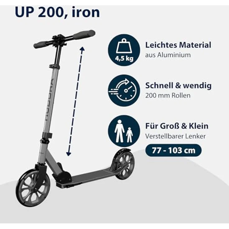 HUDORA UP 200, Scooter mit extra breitem Lenker und höhenverstellbarem Lenker, mattschwarz – Bild 2