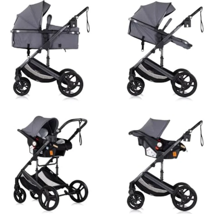 Chipolino Kinderwagen 3 in 1 Amore Babyschale Adapter Wickeltasche, grau gemustert, mit integrierter Federung und verstellbarer Sitzeinheit – Bild 4