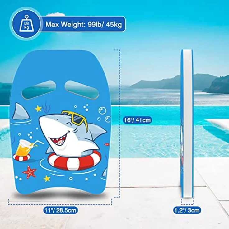 MoKo Kinder Schwimmbrett, Kickboard mit 2 Griffen, PE-Schaum, Cartoon-Muster, Blauer Hai, geeignet für Schwimmtraining bis 45 kg – Bild 5