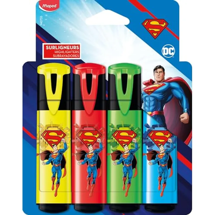 Maped SUPERMAN Textmarker, 4er Set in leuchtenden Farben (gelb, rot, grün, blau), abgeschrägte Spitze, langlebig für Schule und Beruf