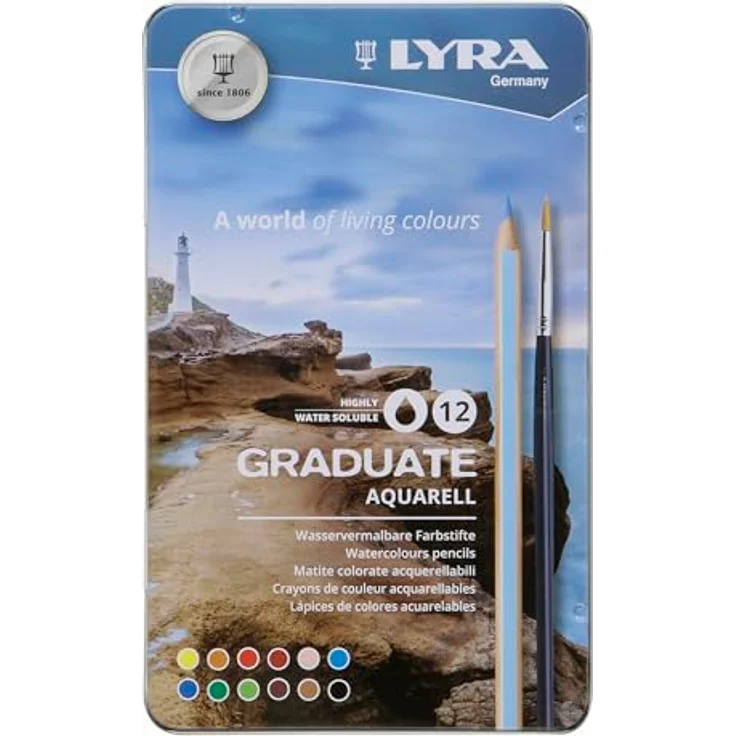 LYRA 2881120 Aquarellstifte, hexagonal, leuchtende Farben, Metalletui mit 12 Stiften, PEFC-zertifiziert – Bild 1