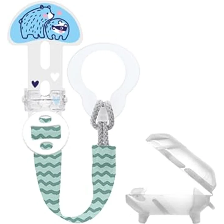 MAM Clip it! & Cover Schnullerband, längenverstellbarer Schnullerhalter mit Saugerschutz für Schnuller, Beißringe und Spielzeuge, Bär – Bild 1