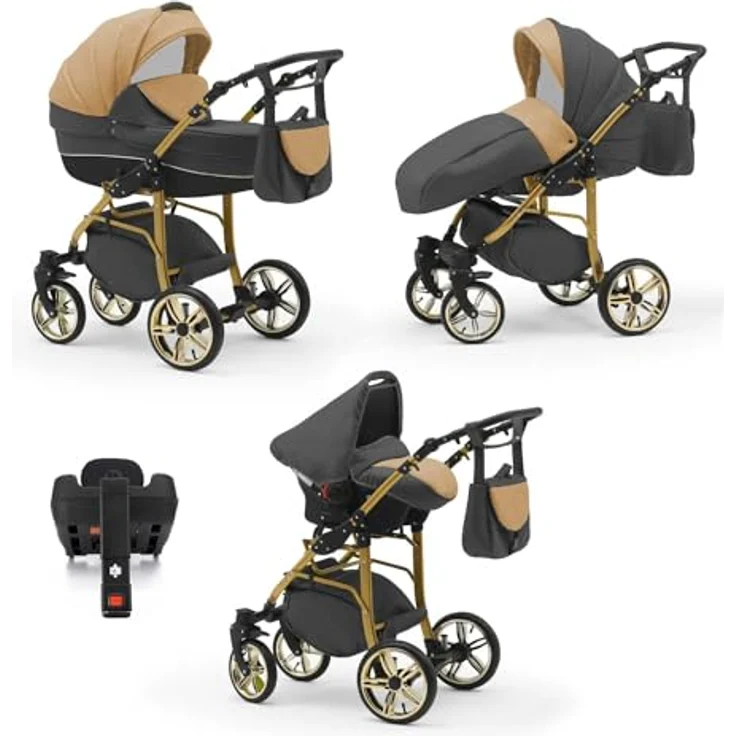 Elcar Kinderwagen-Set 5 in 1 Neo Gold inkl. Sportsitz, Autositz und Iso Base - 17 Teile - in 22 Farben, variabel und komfortabel – Bild 1