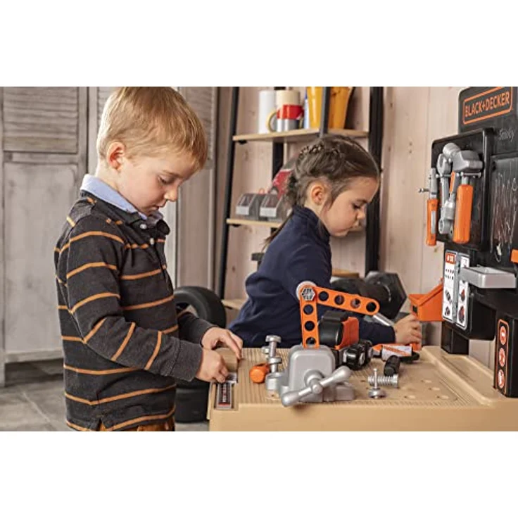 Smoby Toys - Black+Decker Mega Werkbank Center (100 Teile) - Spielzeug-Werkstatt für Kinder ab 3 Jahren mit Werkzeug, Nagelbrett, Autobausatz & mechanischem Akkuschrauber – Bild 9