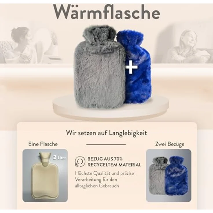 IEA Medical Wärmflasche 2L mit 2x weich flauschigem Bezug, zur Schmerzlinderung & Warm-/Kalttherapie, BPA-Frei, Dunkelblau und Dunkelgrau, Set – Bild 3