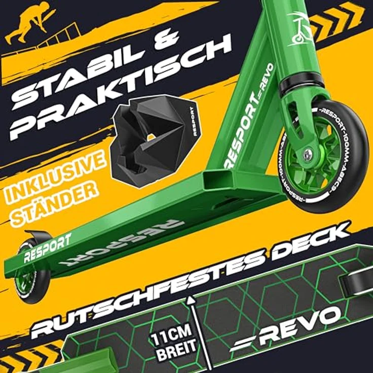 RE:SPORT REVO Stunt Scooter, Profi Kickscooter mit ABEC 9 Kugellagern, 100mm PU-Rollen, inkl. Ständer, für Kinder & Erwachsene – Bild 3