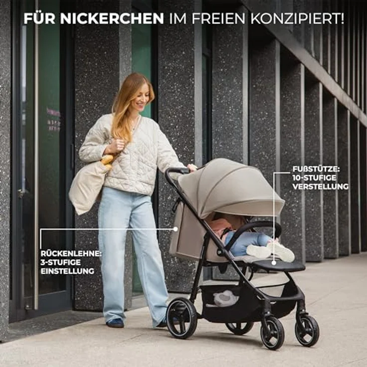 Kinderkraft TRIG 3 Kinderwagen, Kinderbuggy, Liegewagen, Sportwagen, Buggy, Zusammenklappen, Breiter und tiefer Sitz, mit Liegeposition, 4 Rad Dämpfung, Großes Dach, 5-Punkt-Gurt, bis zu 25 kg, Beige – Bild 4