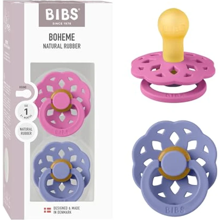 BIBS Boheme Schnuller, 0-6 Monate, 2er-Pack aus Naturkautschuklatex, Bubblegum/Peri, BPA-frei, EN1400+A2-zertifiziert – Bild 1