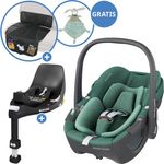 Maxi-Cosi Pebble 360 i-Size Babyschale, drehbar ab Geburt bis 15 Monate inkl. Isofix-Basis FamilyFix 360, Schutzunterlage & Schmusetuch - Essential Green
