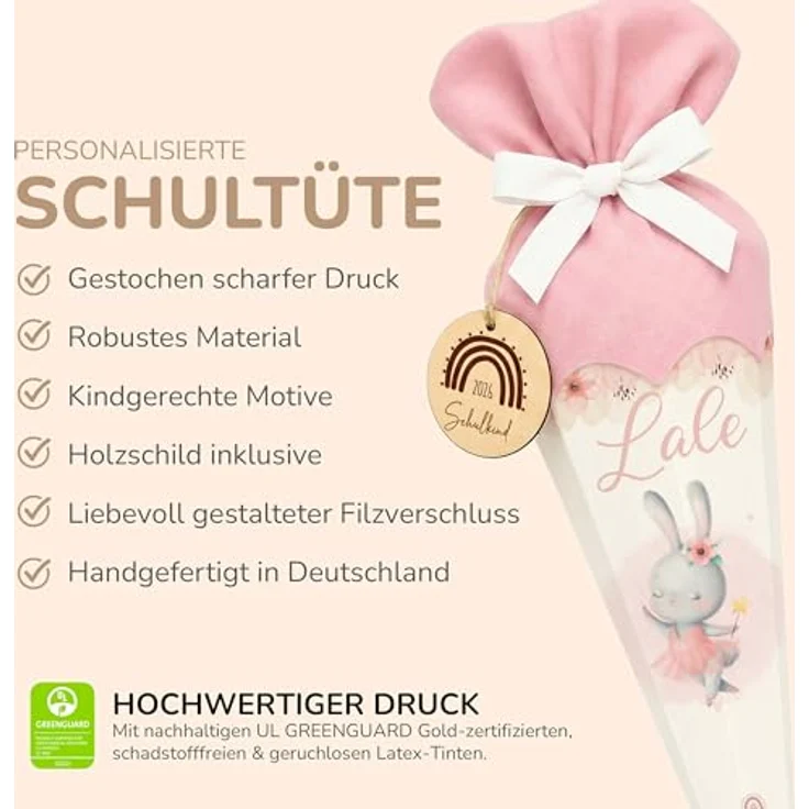 Kidsmood personalisierte Schultüte, inkl. Rohling, Filz-Stoff & Holzschild, Zuckertüte für Einschulung 2026 - Ballett Hase (Rosa) – Bild 5