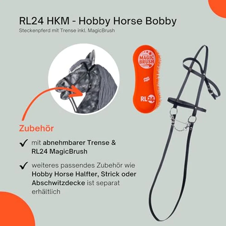 RL24 Hobby Horse Clara, Steckenpferd aus Plüsch mit Trense, 40 cm Holzstock, ohne Griffe & Rollen, grau, inkl. MagicBrush – Bild 5