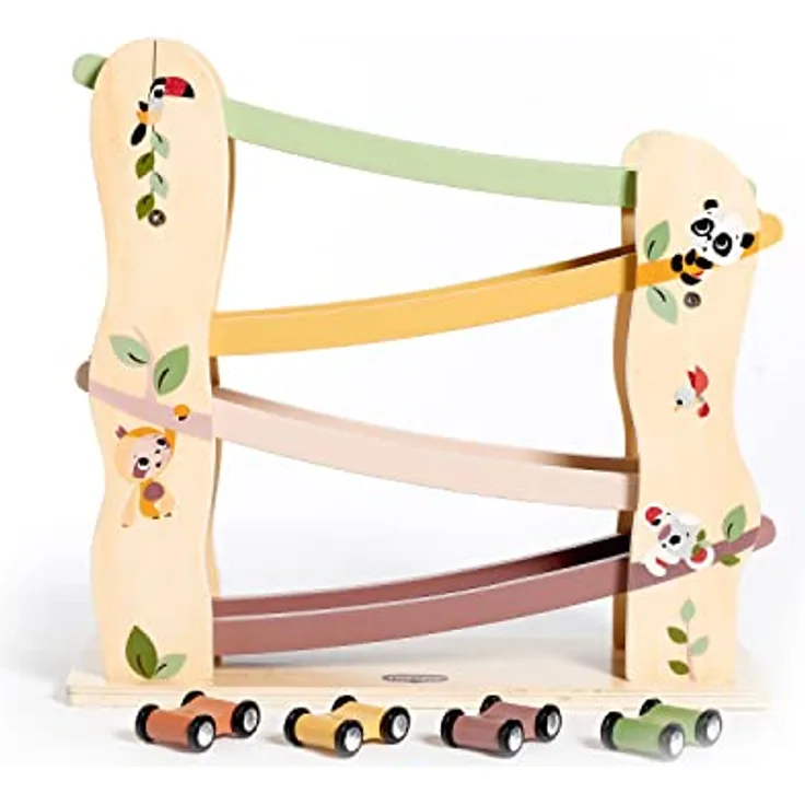 Tiny Love Spielzeug Holz-Rennwagen Rampe, Holz-Autorennbahn mit 4 leichtgängigen Holzrennautos, feinmotorische Fähigkeiten, kognitive Entwicklung, natürliches Design, 18+ Monate, Boho Chic
