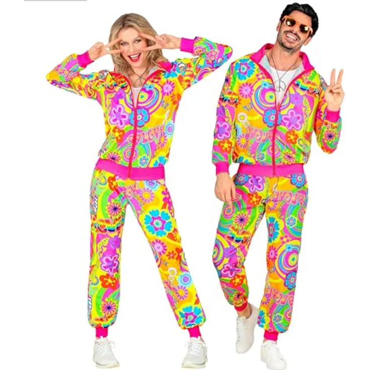 W WIDMANN MILANO Party Fashion - Kostüm Trainingsanzug Peace & Love Hippie Neon 80er Jahre Outfit, Größe S