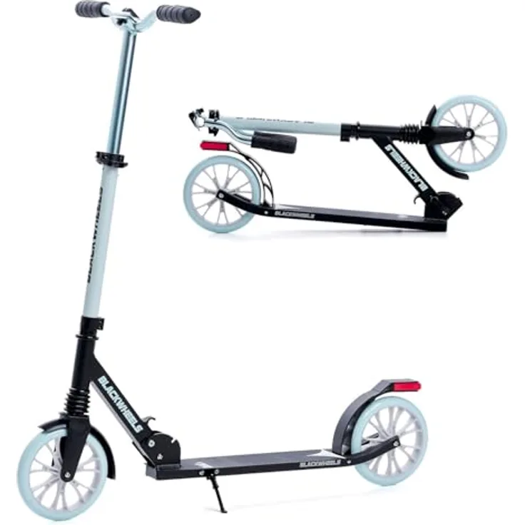 BLACKWHEELS Scooter Zoom, Schwarz und mint, leichter Aluminiumrahmen, schnelles Klappsystem, ergonomische TPU-Griffe, grosse 200 mm Räder, integrierter Stossdämpfer