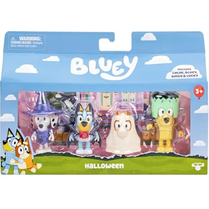 BlueY 4er-Figurenpackung Halloween, bewegliche Figuren (6,3 cm) Bingo, Chloe als Hexe, Lucky als Frankenstein und Bluey als Vampirin mit Zubehörteilen, für das Nachspielen aus der Animationsserie – Bild 3