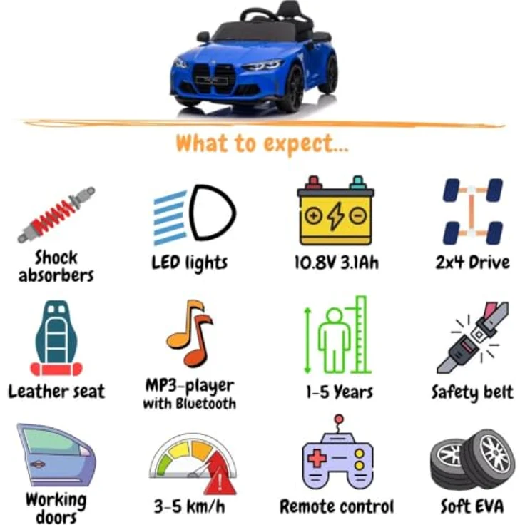 Vrooomy Kinder Elektroauto BMW M4 Competition, 12V mit Fernbedienung, Blau, für 1 bis 5 Jahre, Sicherheitsgurt, MP3-Player, EVA-Gummireifen – Bild 6