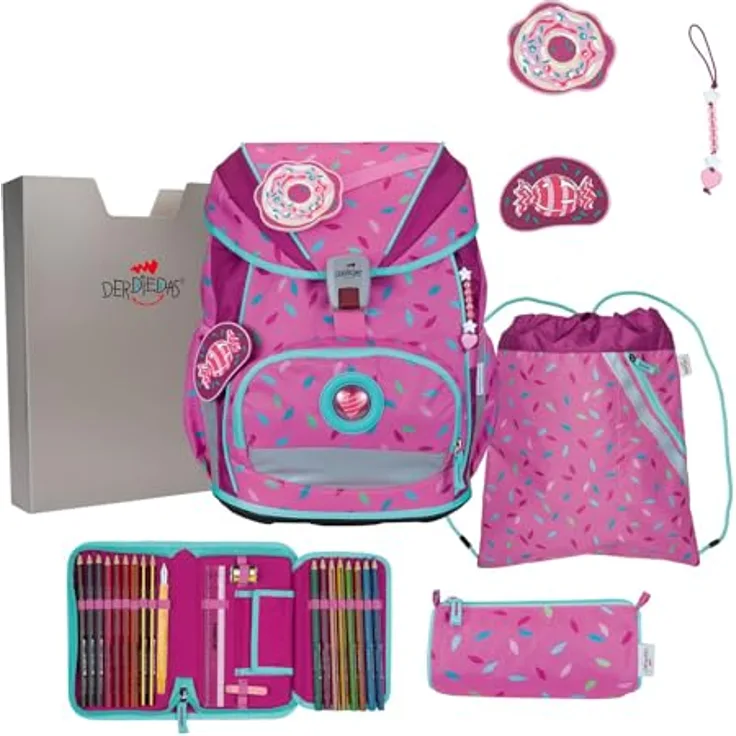 DerDieDas ErgoFlex Superlight Schulranzen Set 5-teilig, ergonomisches Tragesystem, 22 Liter Volumen, Sweet Sprinkles pink