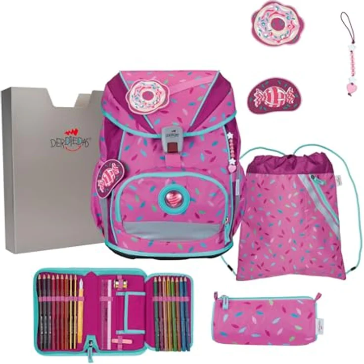 DerDieDas ErgoFlex Superlight Schulranzen Set 5-teilig, ergonomisches Tragesystem, 22 Liter Volumen, Sweet Sprinkles pink – Bild 1