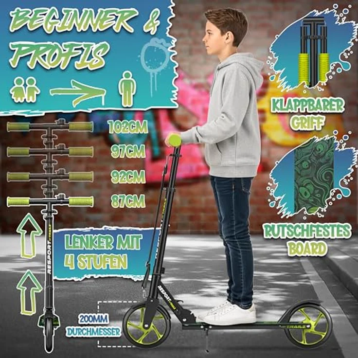 RE:SPORT Cityroller RE:SPORT® Trailz Scooter, klappbar und höhenverstellbar 87–102 cm, 200 mm große Räder, inkl. Klingel und Tragegurt, bis 100 kg belastbar – Bild 3