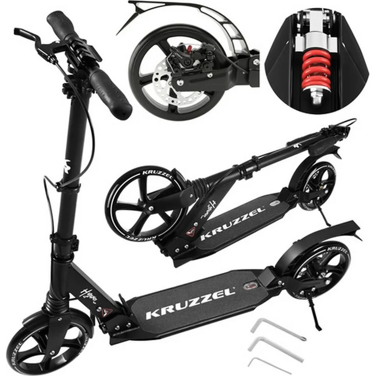 KRUZZEL Hyperion Cityroller Scooter, faltbar, mit Stoßdämpfer und doppeltem Bremssystem, große 200 mm Gummiräder, Farbe: Schwarz oder Weiß