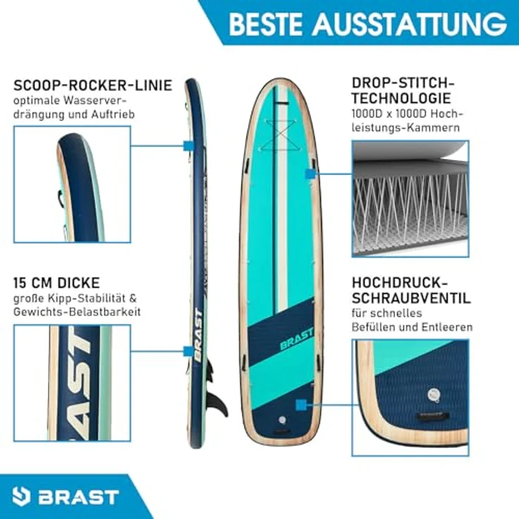 BRAST® SUP Board Family XXL, aufblasbares Stand up Paddle Set mit 370x87x15cm, Tragkraft bis 210kg, Shark Natural, inkl. 2 Kajak-Sitze, 2 Paddel, Pumpe und Rucksack – Bild 4