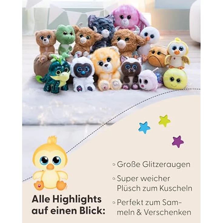 NICI Kuscheltier GLUBSCHIS Vogel Sunita, gelbes Stofftier aus weichem Plüsch, 15cm, mit blauen Glitzeraugen und goldglänzenden Flügeln, ideal zum Kuscheln und Spielen, tolle Geschenkidee – Bild 4