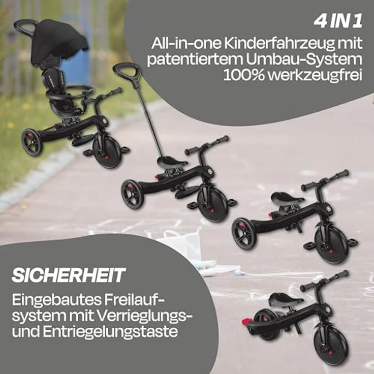 GLOBBER Explorer Trike 4in1 Pro, Kinderfahrzeug in Schwarz, Dreirad, Laufrad und Kinderwagen, 10/8,5 Zoll, höhenverstellbarer TPR-Sitz – Bild 3