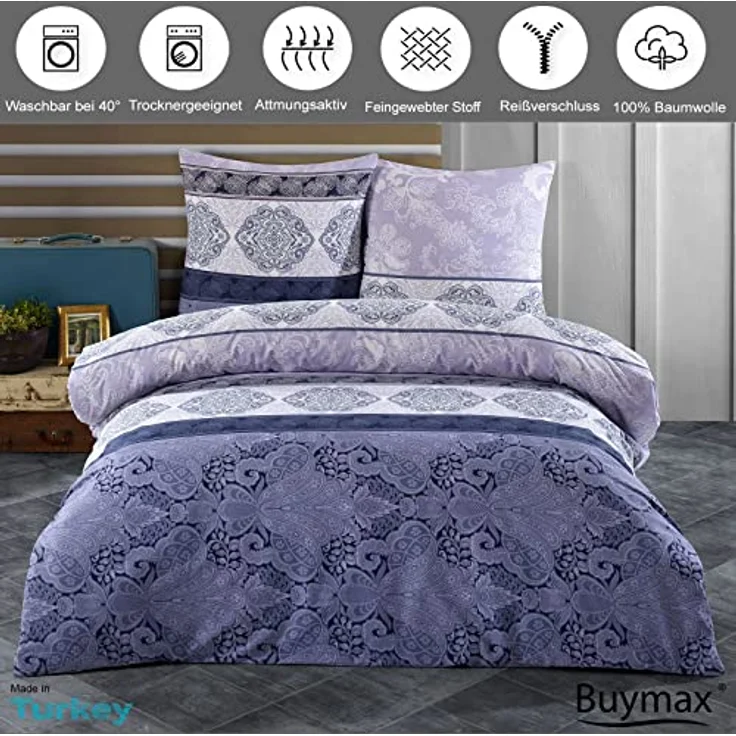Buymax Bettwäsche 135x200 Baumwolle 2-Teilig Bettgarnitur mit Bettbezug und Kissenbezug 80x80 Renforce Bettwäsche-Set Blumenranken Rankenmuster Barock, Flieder Lila – Bild 2