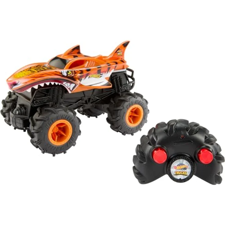 Hot Wheels HW Tigerhai RC, Ferngesteuertes Monster Truck im Maßstab 1:24 mit Allradfunktionen und Action-Geländereifen, 30 m Reichweite, bis zu 8 km/h, HNV03 – Bild 1