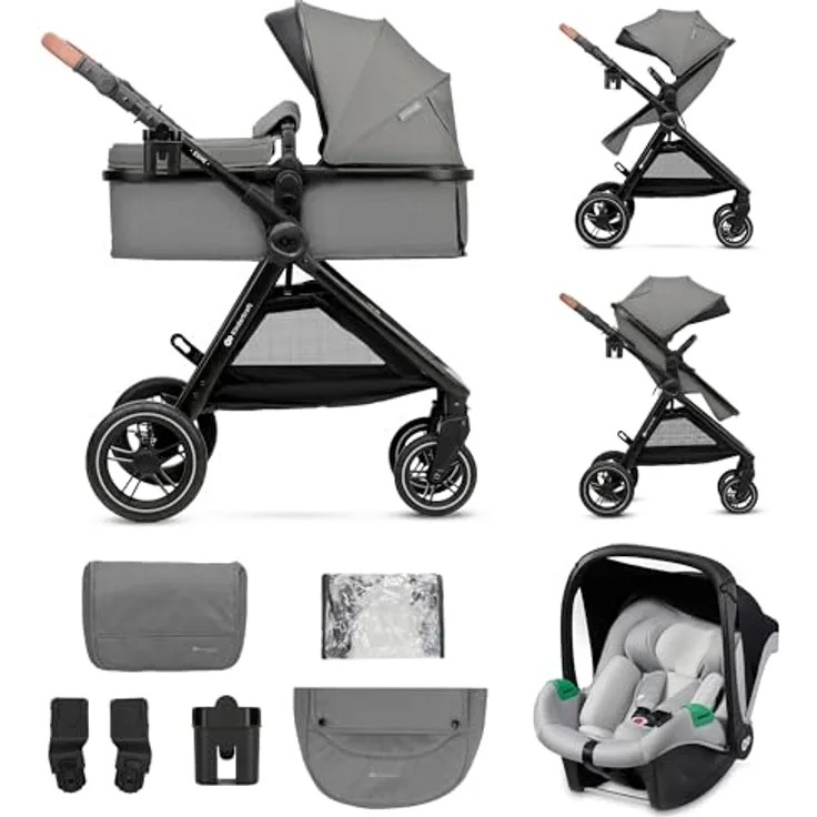 Kinderkraft 3in1 Kombi-Kinderwagen-Set ESME, wendbarer Sitz & Wanne in einem, bis 22 kg, inkl. Babyschale MINK PRO i-Size, Getränkehalter, Wickeltasche, Moonlight Grey, mit Gratis Mobilitätsgarantie