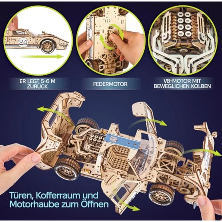UGEARS UGT-24 Ausdauer-Rennwagen 3D Puzzle, mechanischer Holzmodellbausatz im Maßstab 1:12 mit V8-Motor, 970 Teile, authentische Rennmerkmale, für Erwachsene – Bild 4