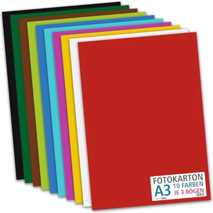 itenga Fotokarton Bogen farbig sortiert, 300 g/qm, 30 Blatt in 10 Farben (DIN A3, je 3 Blatt) – Bild 1
