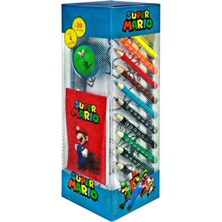 Super Mario Farbkasten Schreibwaren-Set, 35-teiliges Kreativset für Kinder mit Stiften, Linealen und Notizblöcken – Bild 1