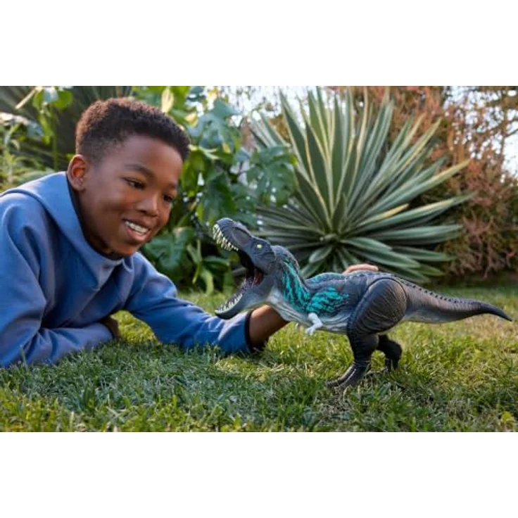 Mattel Jurassic World Power-Paket Tyrannosaurus rex-Actionfigur, T-Rex mit Wachstumsfunktion und Gebrüll, Schwarz und Blau, Kunststoff – Bild 2