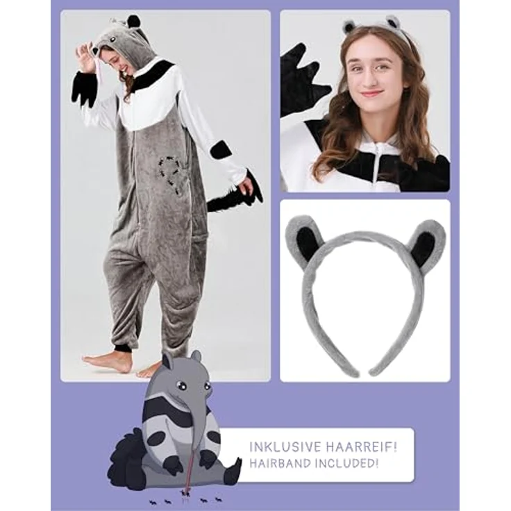 corimori Flauschiges Ameisenbär-Kostüm für Erwachsene mit Haarreif | Karneval Onesie für Damen, Herren | Körpergröße 180-190cm, super weich und kuschelig, mit praktischen Taschen | Braun – Bild 3